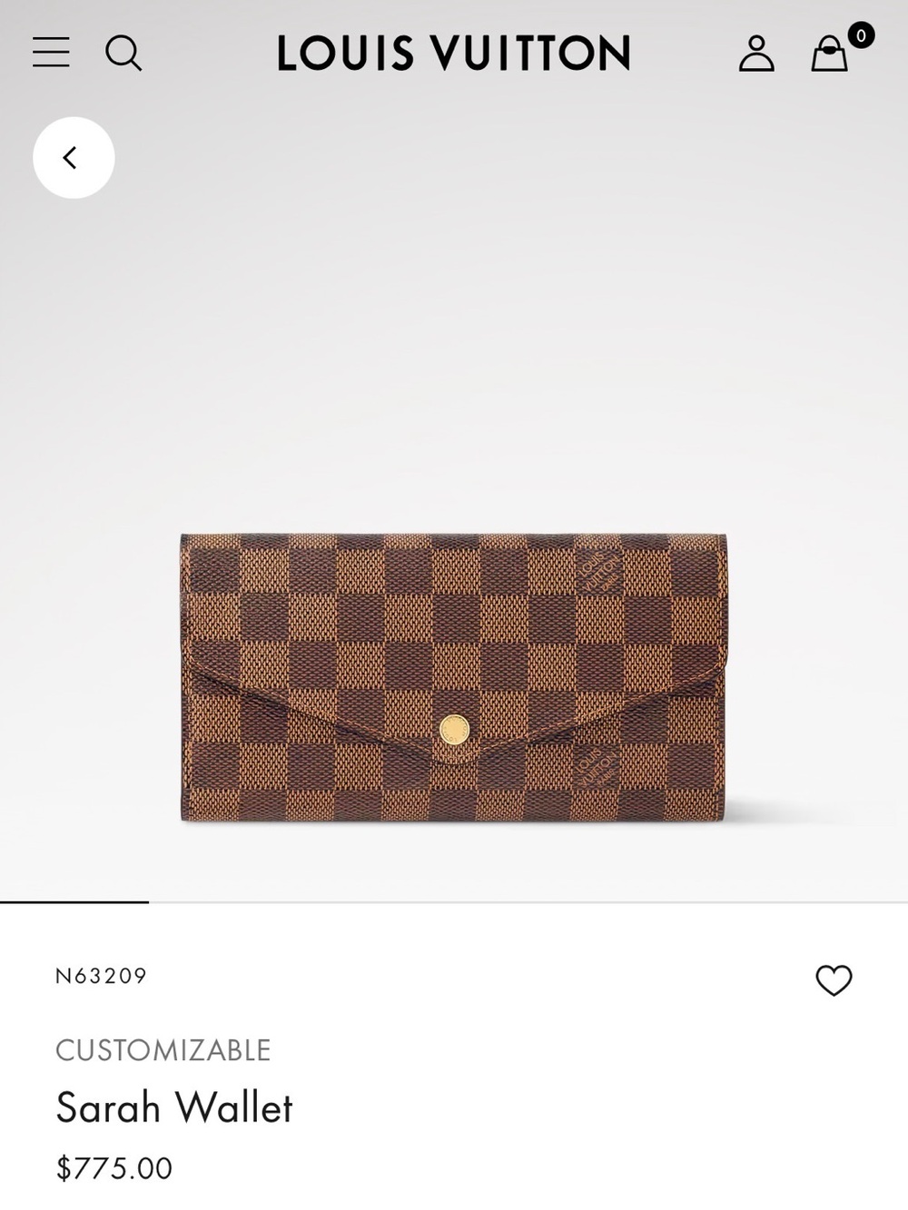 Louis Vuitton Damier Ebene Pattern Sarah Wallet Used